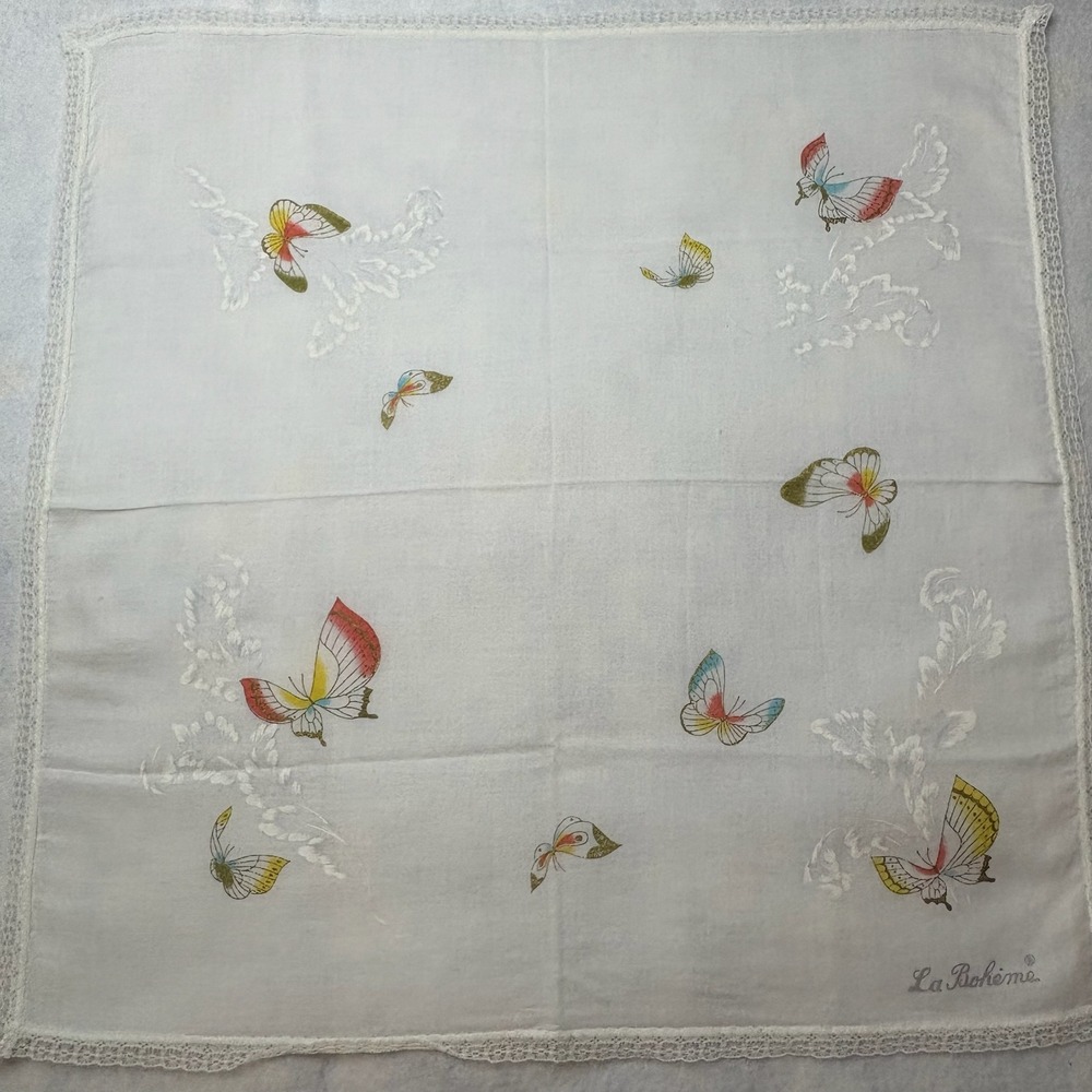 Vtg LA BOHÈME Scarf Handkerchief Butterfly Lace Trim Cotton Blend White 16"